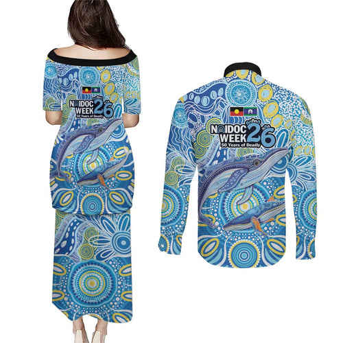 NAIDOC Week 2026 Couples Matching Puletasi and Long Sleeve Button Shirt Dreaming of Whales Aboriginal Dot Art