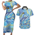 NAIDOC Week 2026 Couples Matching Short Sleeve Bodycon Dress and Hawaiian Shirt Dreaming of Whales Aboriginal Dot Art