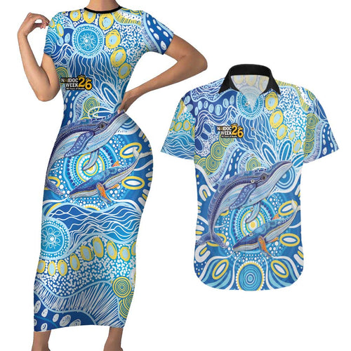 NAIDOC Week 2026 Couples Matching Short Sleeve Bodycon Dress and Hawaiian Shirt Dreaming of Whales Aboriginal Dot Art