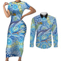 NAIDOC Week 2026 Couples Matching Short Sleeve Bodycon Dress and Long Sleeve Button Shirt Dreaming of Whales Aboriginal Dot Art