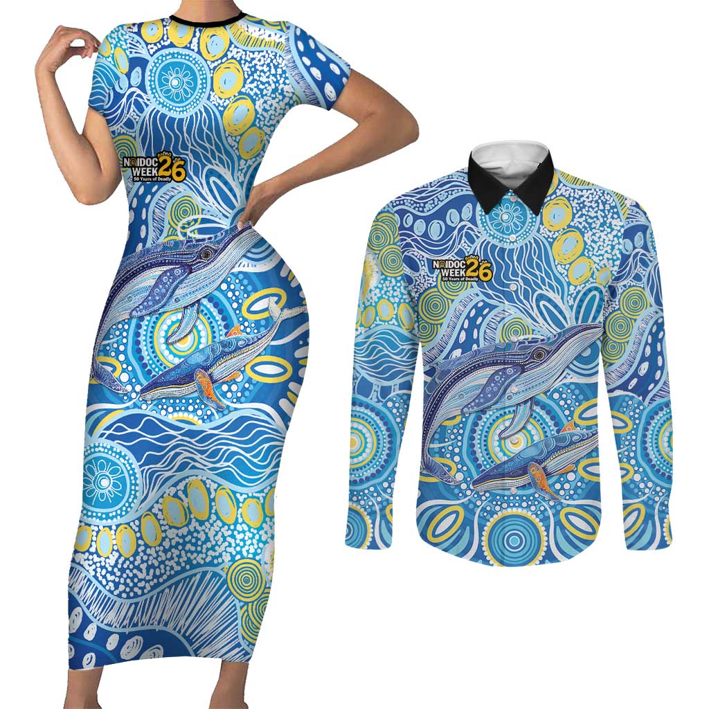 NAIDOC Week 2026 Couples Matching Short Sleeve Bodycon Dress and Long Sleeve Button Shirt Dreaming of Whales Aboriginal Dot Art