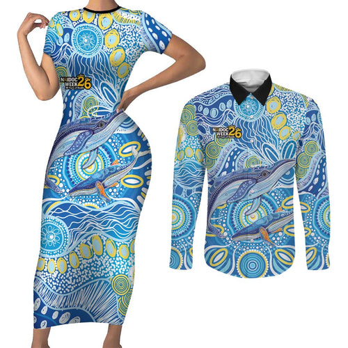 NAIDOC Week 2026 Couples Matching Short Sleeve Bodycon Dress and Long Sleeve Button Shirt Dreaming of Whales Aboriginal Dot Art