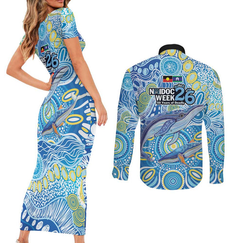 NAIDOC Week 2026 Couples Matching Short Sleeve Bodycon Dress and Long Sleeve Button Shirt Dreaming of Whales Aboriginal Dot Art
