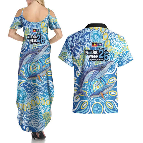 NAIDOC Week 2026 Couples Matching Summer Maxi Dress and Hawaiian Shirt Dreaming of Whales Aboriginal Dot Art