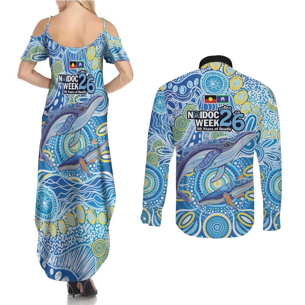 NAIDOC Week 2026 Couples Matching Summer Maxi Dress and Long Sleeve Button Shirt Dreaming of Whales Aboriginal Dot Art