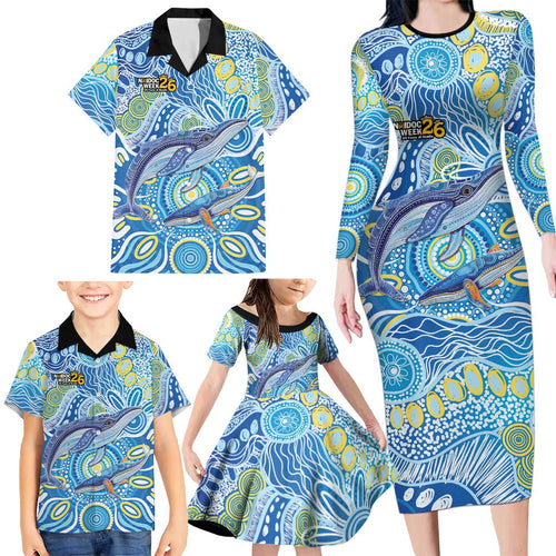 NAIDOC Week 2026 Family Matching Long Sleeve Bodycon Dress and Hawaiian Shirt Dreaming of Whales Aboriginal Dot Art