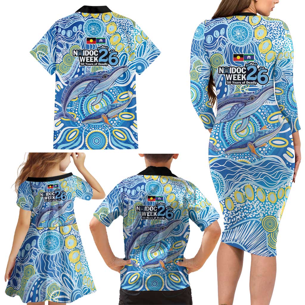 NAIDOC Week 2026 Family Matching Long Sleeve Bodycon Dress and Hawaiian Shirt Dreaming of Whales Aboriginal Dot Art