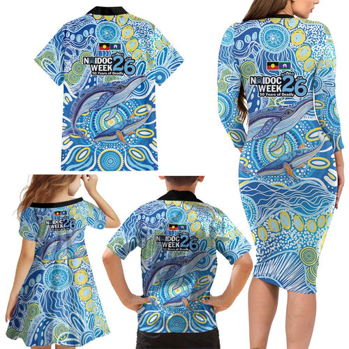 NAIDOC Week 2026 Family Matching Long Sleeve Bodycon Dress and Hawaiian Shirt Dreaming of Whales Aboriginal Dot Art