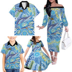 NAIDOC Week 2026 Family Matching Off The Shoulder Long Sleeve Dress and Hawaiian Shirt Dreaming of Whales Aboriginal Dot Art