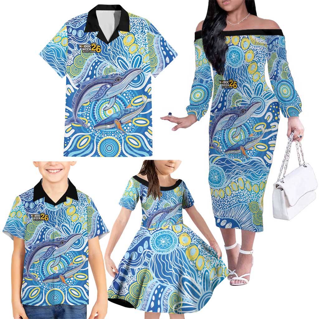 NAIDOC Week 2026 Family Matching Off The Shoulder Long Sleeve Dress and Hawaiian Shirt Dreaming of Whales Aboriginal Dot Art