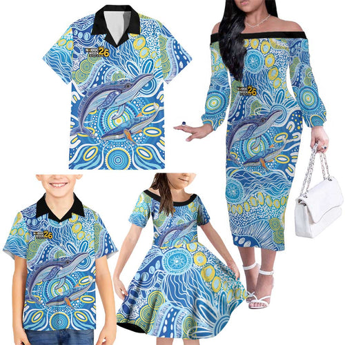 NAIDOC Week 2026 Family Matching Off The Shoulder Long Sleeve Dress and Hawaiian Shirt Dreaming of Whales Aboriginal Dot Art