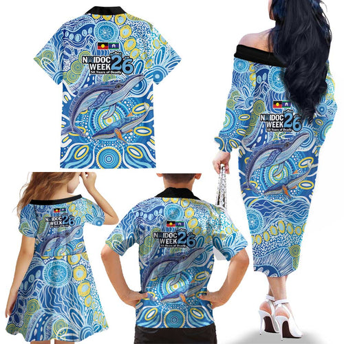 NAIDOC Week 2026 Family Matching Off The Shoulder Long Sleeve Dress and Hawaiian Shirt Dreaming of Whales Aboriginal Dot Art