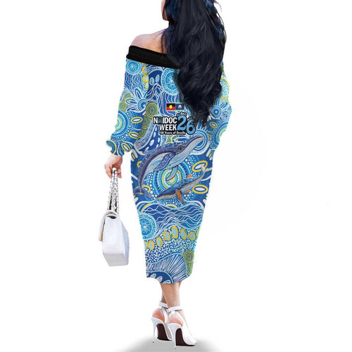 NAIDOC Week 2026 Family Matching Off The Shoulder Long Sleeve Dress and Hawaiian Shirt Dreaming of Whales Aboriginal Dot Art
