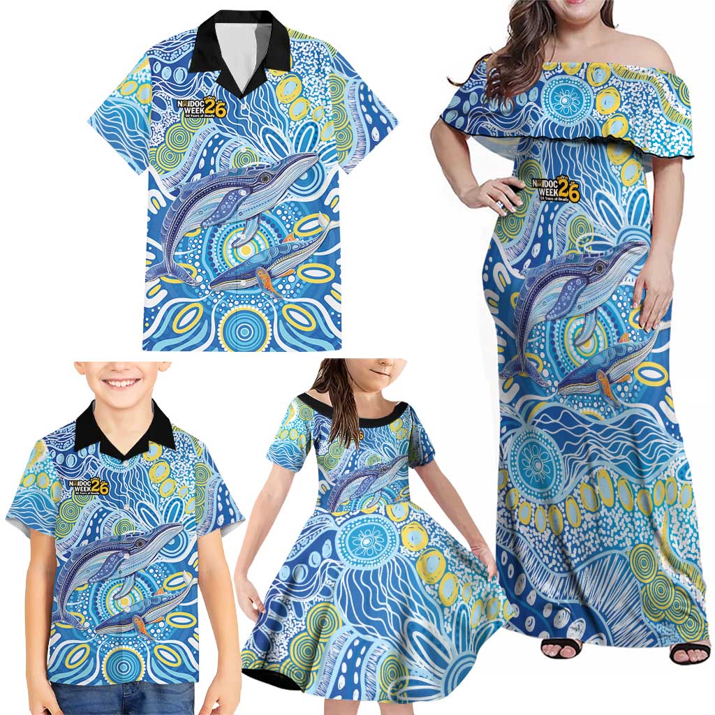 NAIDOC Week 2026 Family Matching Off Shoulder Maxi Dress and Hawaiian Shirt Dreaming of Whales Aboriginal Dot Art