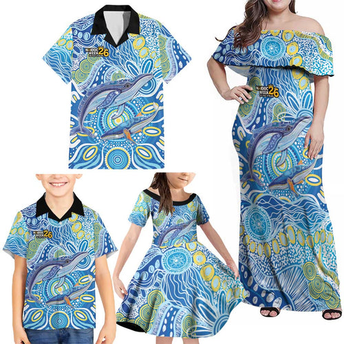 NAIDOC Week 2026 Family Matching Off Shoulder Maxi Dress and Hawaiian Shirt Dreaming of Whales Aboriginal Dot Art