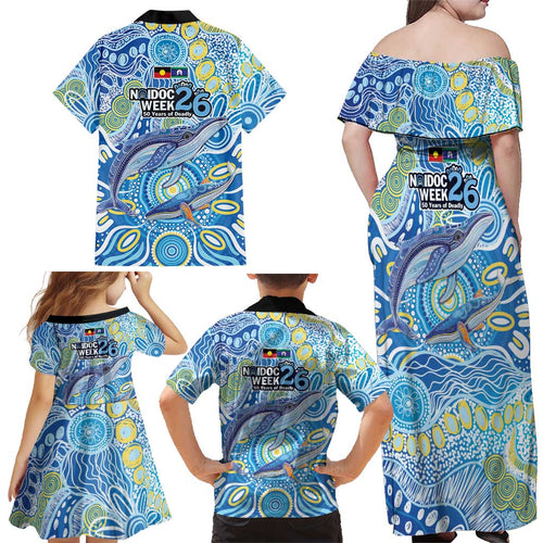 NAIDOC Week 2026 Family Matching Off Shoulder Maxi Dress and Hawaiian Shirt Dreaming of Whales Aboriginal Dot Art