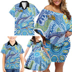 NAIDOC Week 2026 Family Matching Off Shoulder Short Dress and Hawaiian Shirt Dreaming of Whales Aboriginal Dot Art