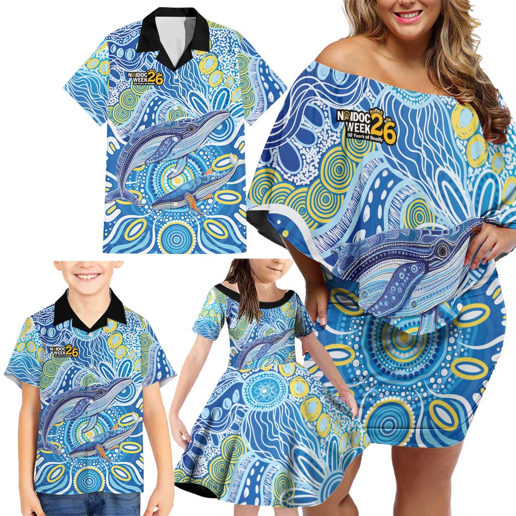 NAIDOC Week 2026 Family Matching Off Shoulder Short Dress and Hawaiian Shirt Dreaming of Whales Aboriginal Dot Art