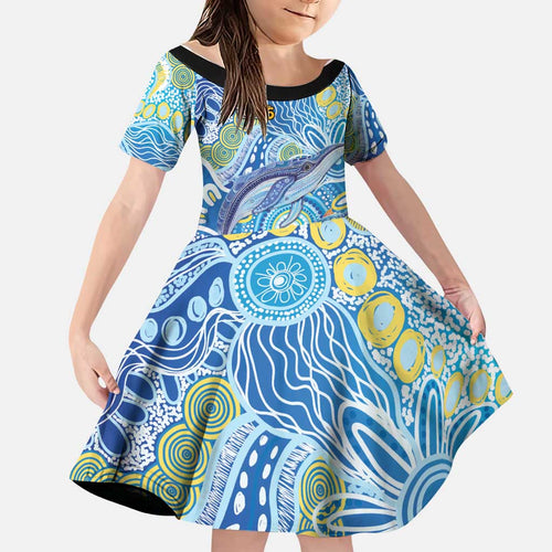 NAIDOC Week 2026 Family Matching Off Shoulder Short Dress and Hawaiian Shirt Dreaming of Whales Aboriginal Dot Art