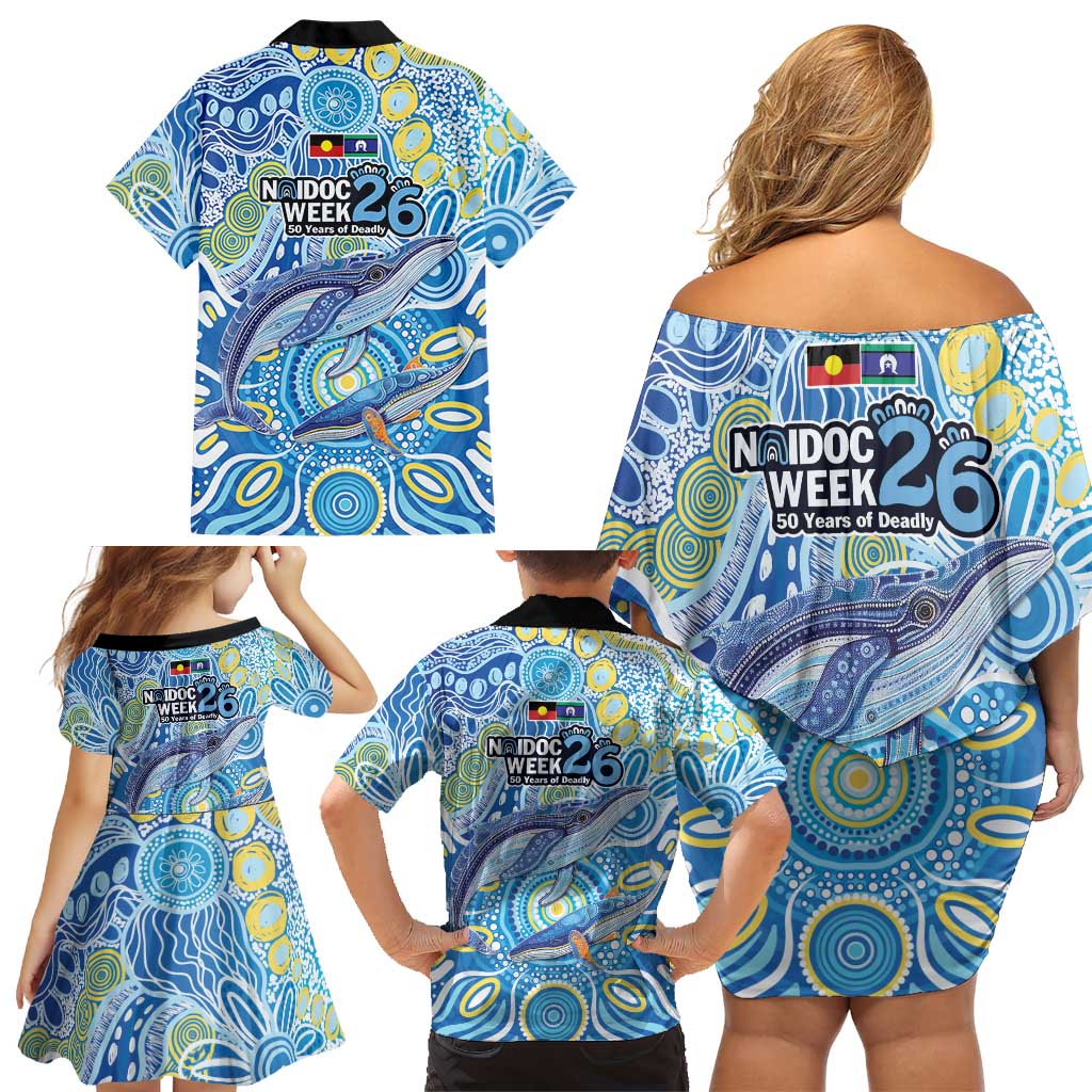 NAIDOC Week 2026 Family Matching Off Shoulder Short Dress and Hawaiian Shirt Dreaming of Whales Aboriginal Dot Art