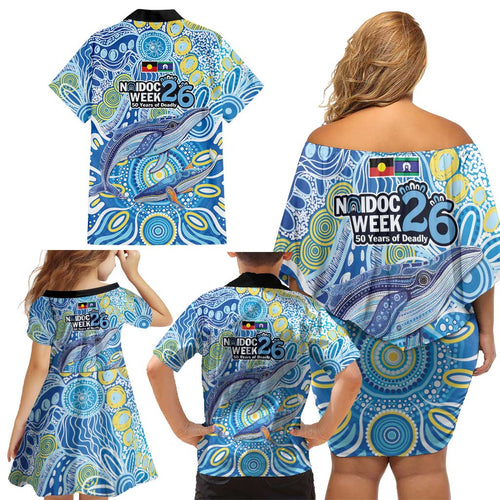 NAIDOC Week 2026 Family Matching Off Shoulder Short Dress and Hawaiian Shirt Dreaming of Whales Aboriginal Dot Art