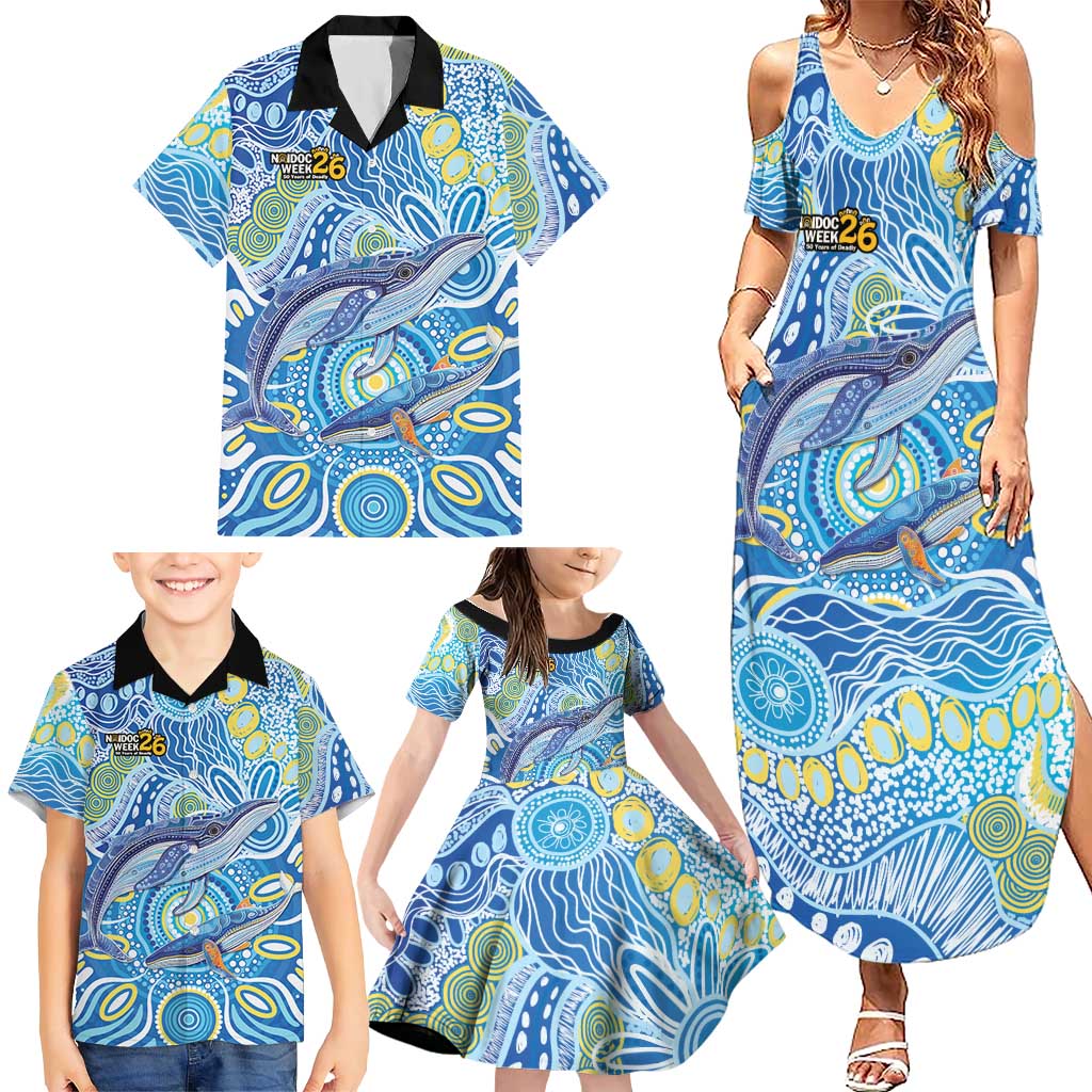 NAIDOC Week 2026 Family Matching Summer Maxi Dress and Hawaiian Shirt Dreaming of Whales Aboriginal Dot Art