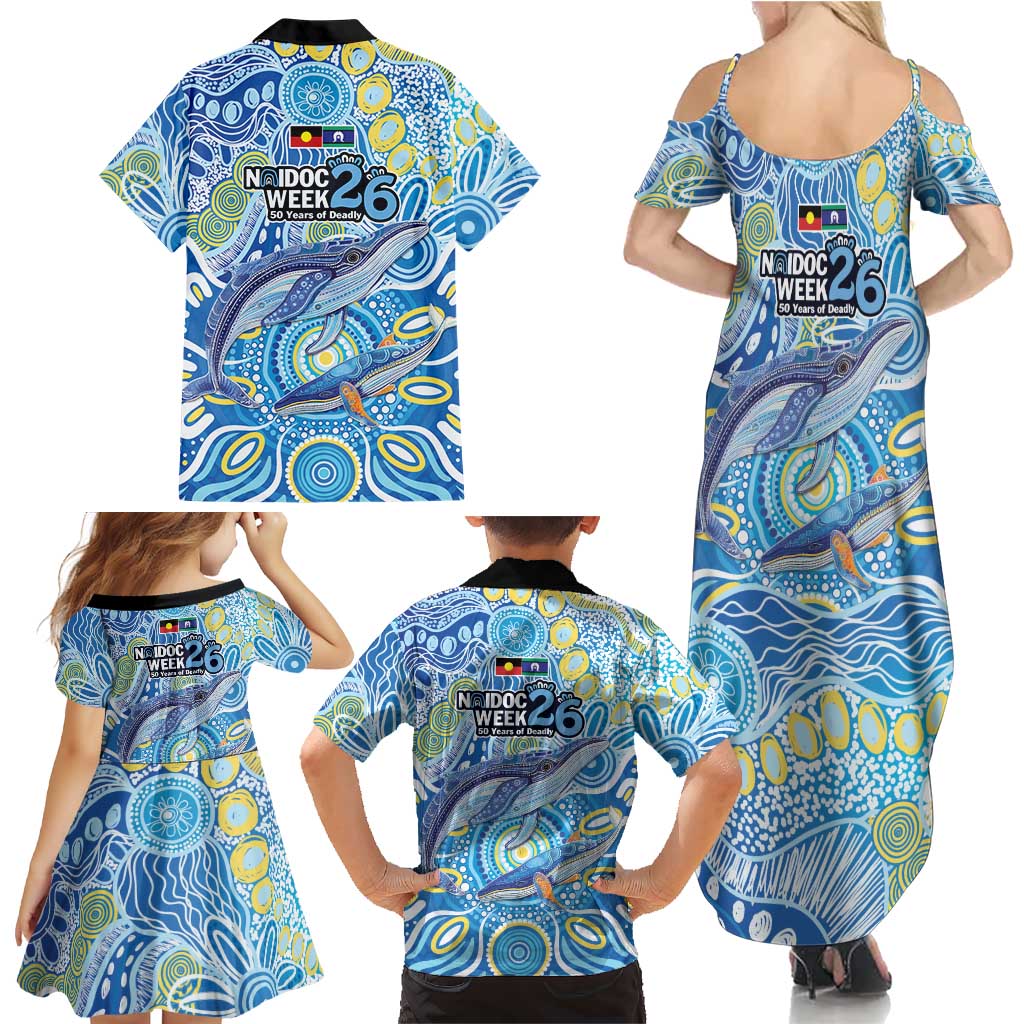 NAIDOC Week 2026 Family Matching Summer Maxi Dress and Hawaiian Shirt Dreaming of Whales Aboriginal Dot Art