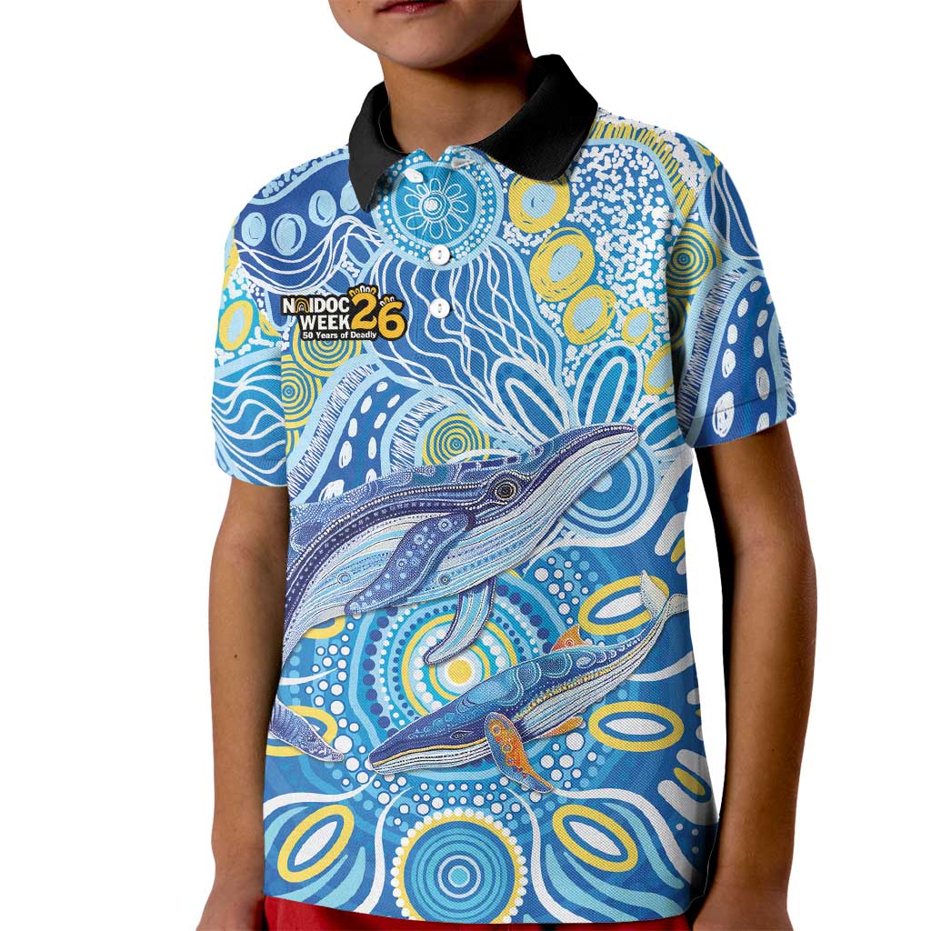 NAIDOC Week 2026 Kid Polo Shirt Dreaming of Whales Aboriginal Dot Art