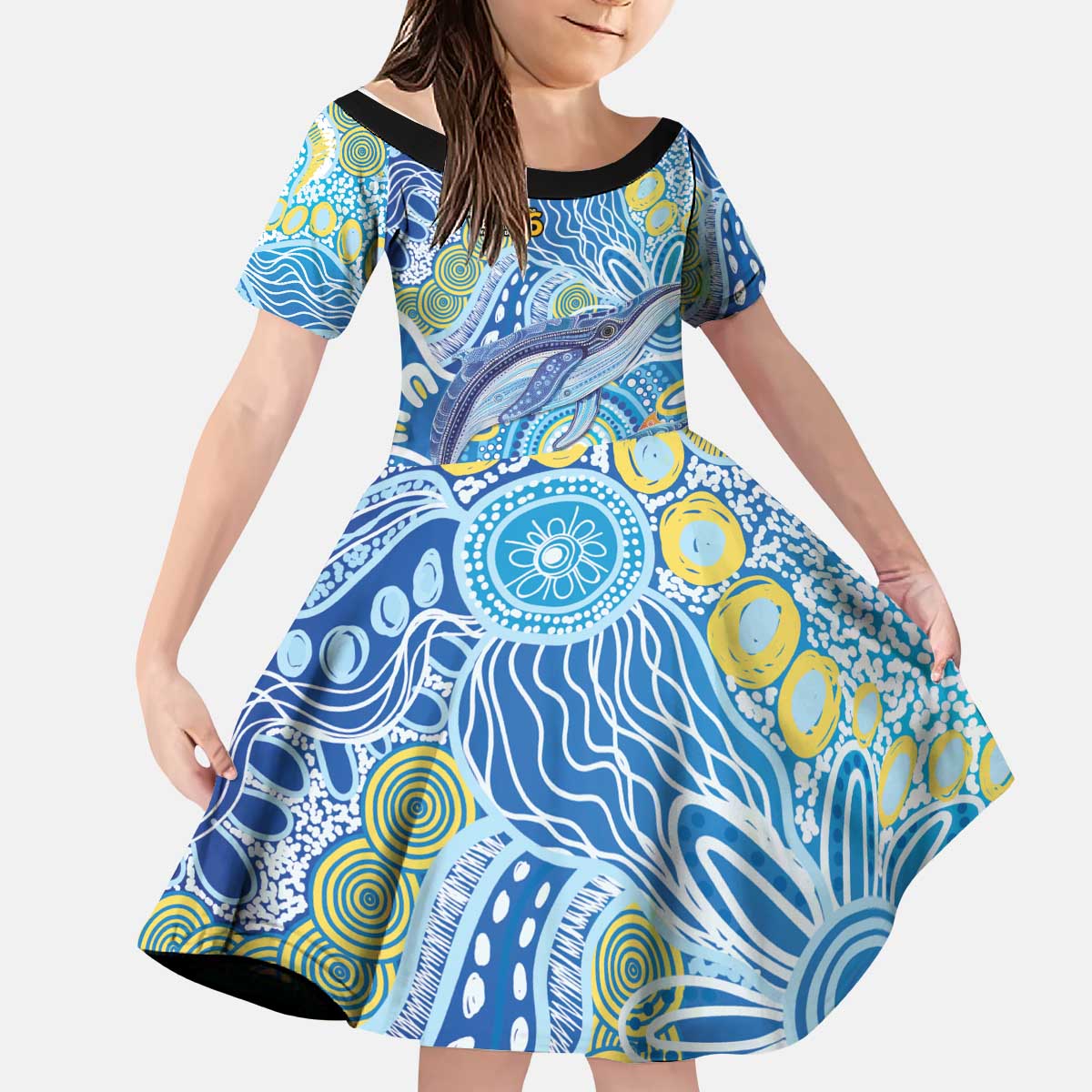 NAIDOC Week 2026 Kid Short Sleeve Dress Dreaming of Whales Aboriginal Dot Art