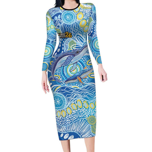 NAIDOC Week 2026 Long Sleeve Bodycon Dress Dreaming of Whales Aboriginal Dot Art