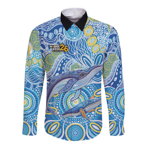 NAIDOC Week 2026 Long Sleeve Button Shirt Dreaming of Whales Aboriginal Dot Art