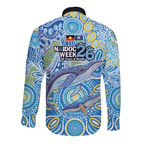 NAIDOC Week 2026 Long Sleeve Button Shirt Dreaming of Whales Aboriginal Dot Art