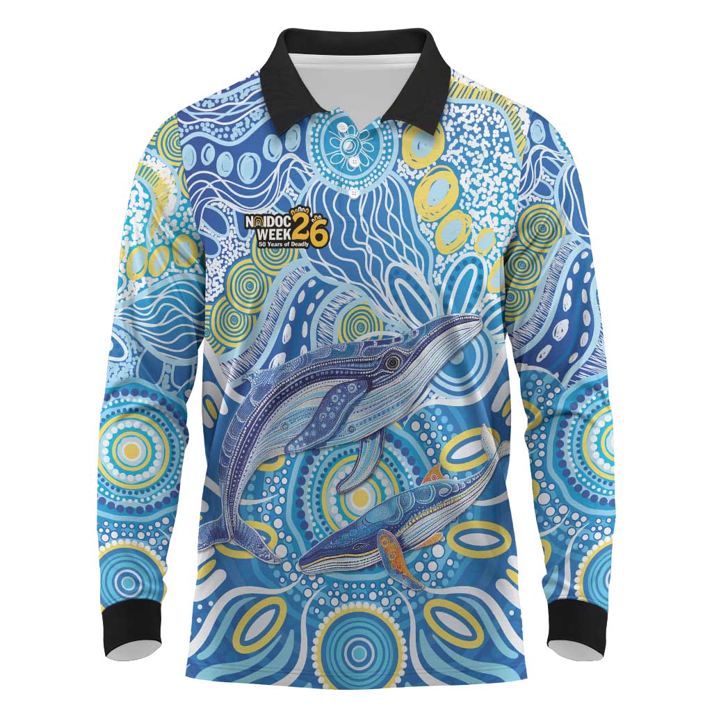 NAIDOC Week 2026 Long Sleeve Polo Shirt Dreaming of Whales Aboriginal Dot Art