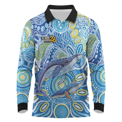 NAIDOC Week 2026 Long Sleeve Polo Shirt Dreaming of Whales Aboriginal Dot Art