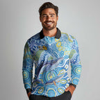 NAIDOC Week 2026 Long Sleeve Polo Shirt Dreaming of Whales Aboriginal Dot Art