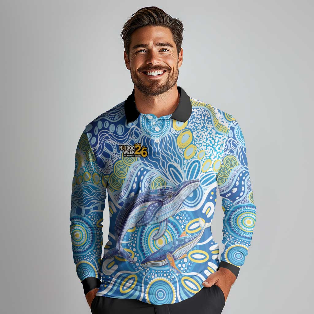 NAIDOC Week 2026 Long Sleeve Polo Shirt Dreaming of Whales Aboriginal Dot Art