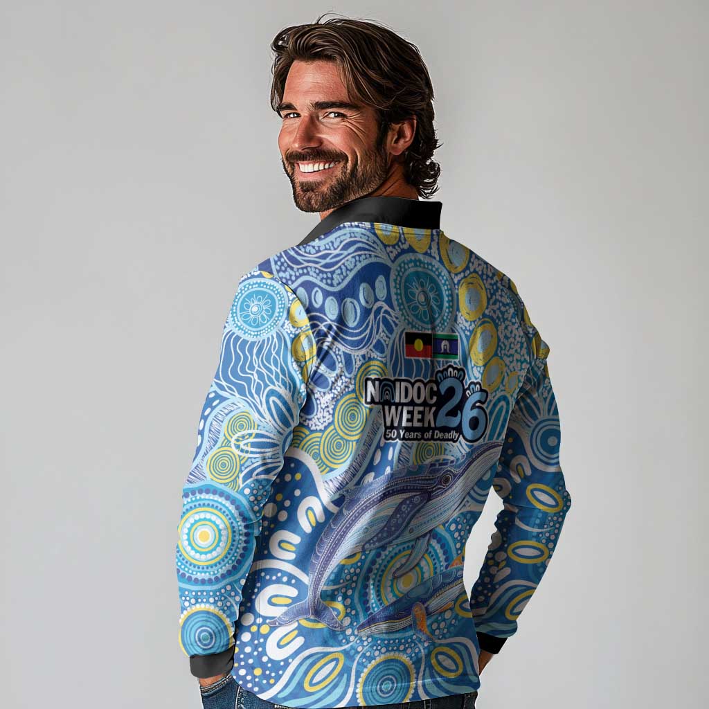 NAIDOC Week 2026 Long Sleeve Polo Shirt Dreaming of Whales Aboriginal Dot Art