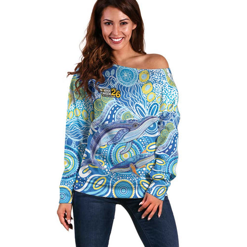 NAIDOC Week 2026 Off Shoulder Sweater Dreaming of Whales Aboriginal Dot Art