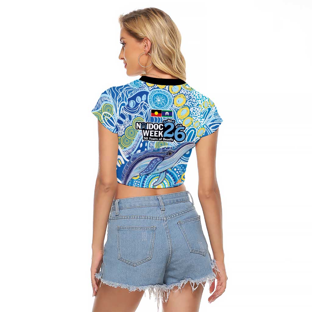 NAIDOC Week 2026 Raglan Cropped T Shirt Dreaming of Whales Aboriginal Dot Art