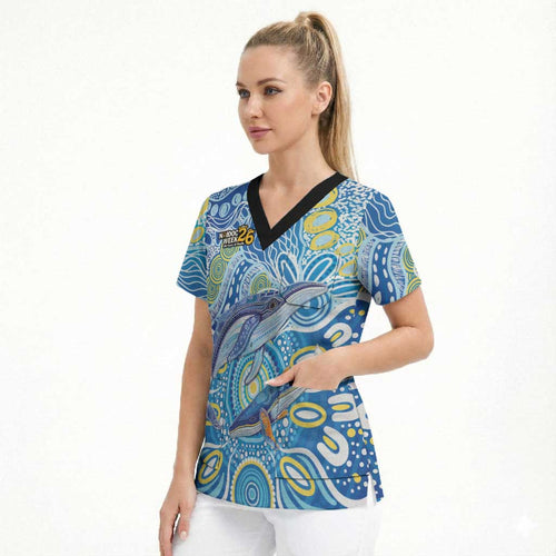 NAIDOC Week 2026 Scrub Top Dreaming of Whales Aboriginal Dot Art