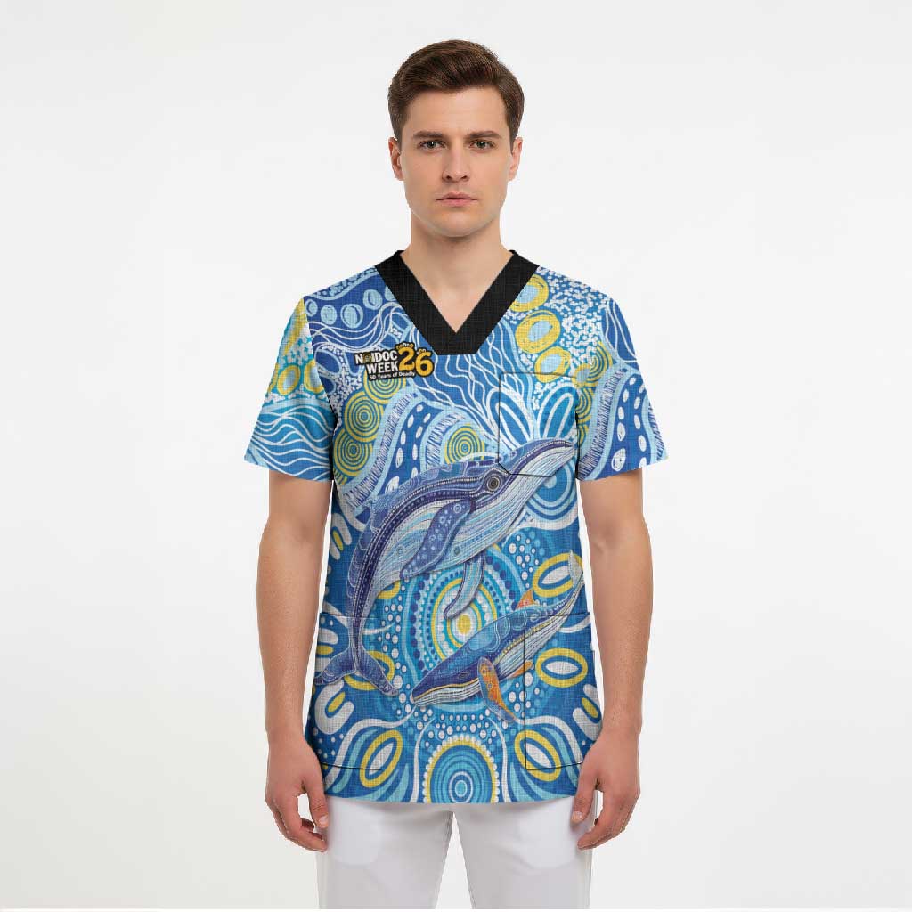 NAIDOC Week 2026 Scrub Top Dreaming of Whales Aboriginal Dot Art