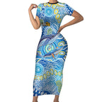 NAIDOC Week 2026 Short Sleeve Bodycon Dress Dreaming of Whales Aboriginal Dot Art