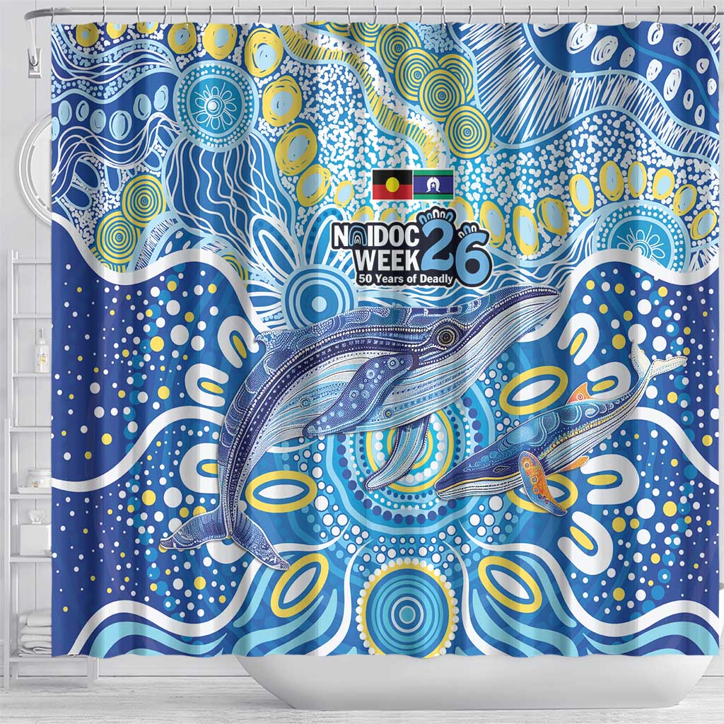 NAIDOC Week 2026 Shower Curtain Dreaming of Whales Aboriginal Dot Art