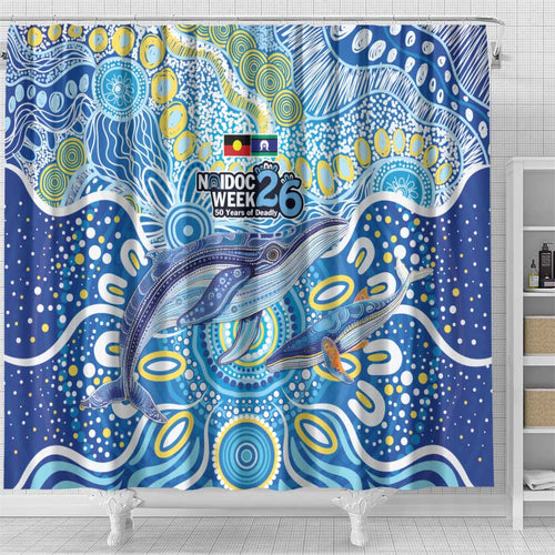 NAIDOC Week 2026 Shower Curtain Dreaming of Whales Aboriginal Dot Art