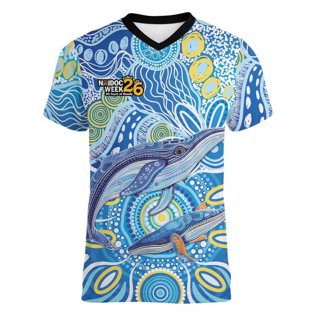 NAIDOC Week 2026 Women V-Neck T-Shirt Dreaming of Whales Aboriginal Dot Art