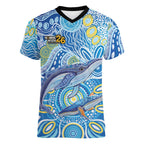 NAIDOC Week 2026 Women V-Neck T-Shirt Dreaming of Whales Aboriginal Dot Art