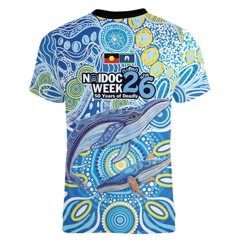 NAIDOC Week 2026 Women V-Neck T-Shirt Dreaming of Whales Aboriginal Dot Art