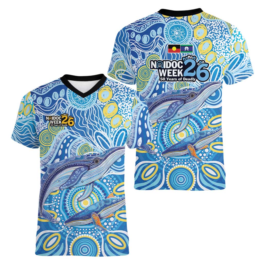 NAIDOC Week 2026 Women V-Neck T-Shirt Dreaming of Whales Aboriginal Dot Art