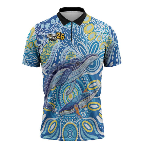NAIDOC Week 2026 Zipper Polo Shirt Dreaming of Whales Aboriginal Dot Art