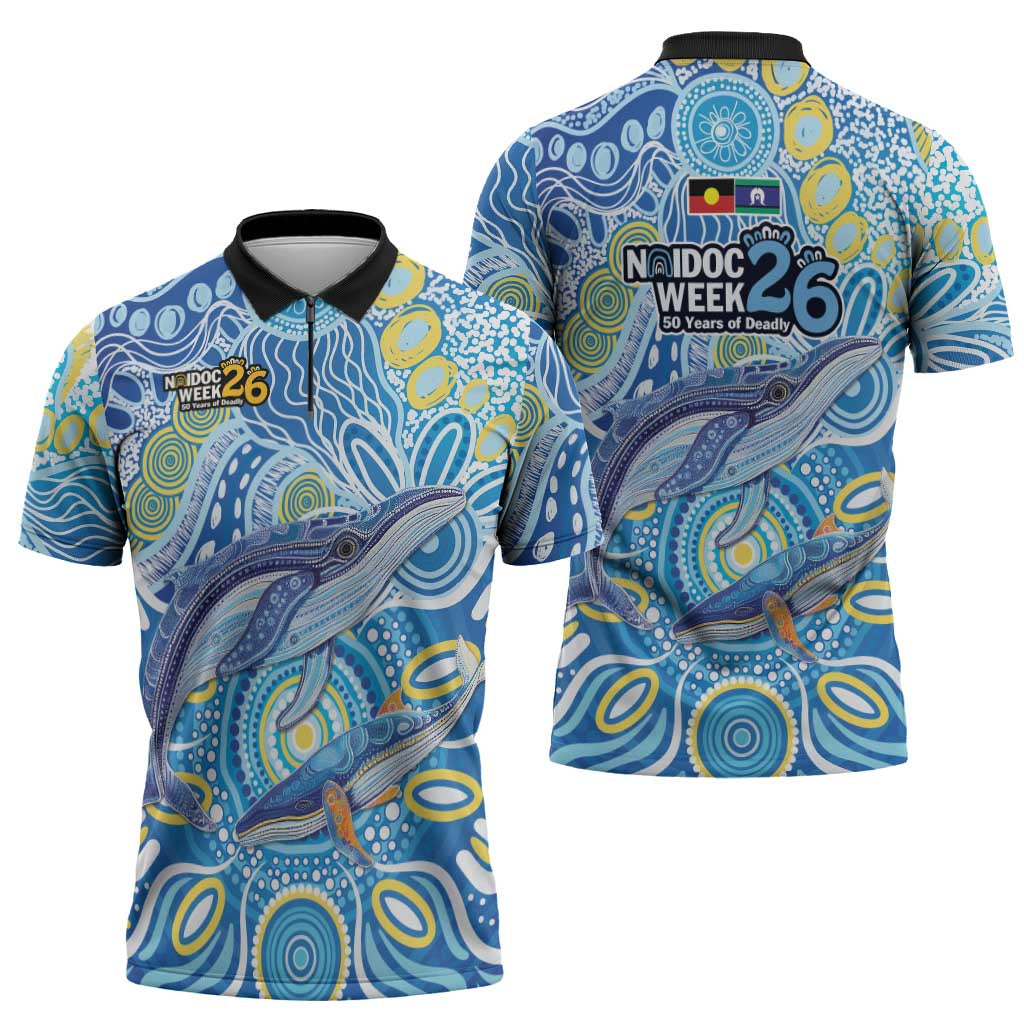 NAIDOC Week 2026 Zipper Polo Shirt Dreaming of Whales Aboriginal Dot Art